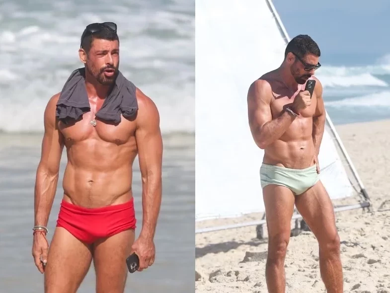 Cauã Reymond troca sunga vermelha por branca em gravação de 'Vale Tudo' na praia