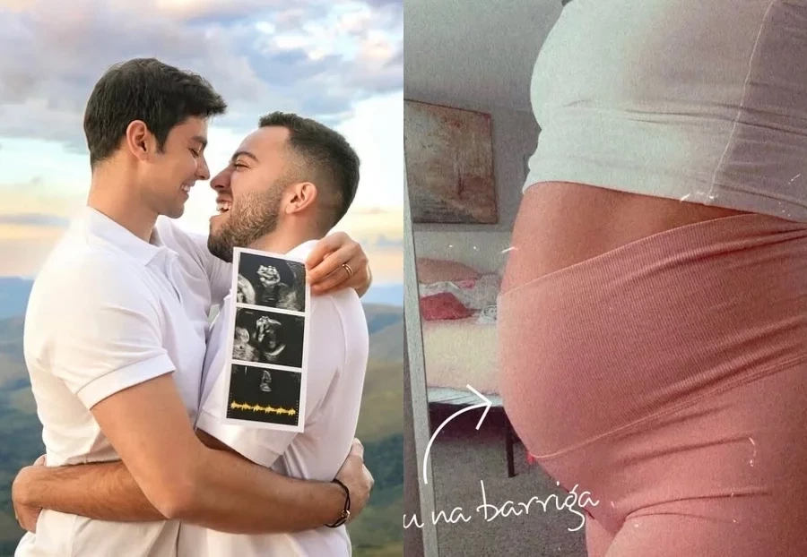 Lucas Rangel e Lucas Bley mostram barriga que está gerando seu 1º filho