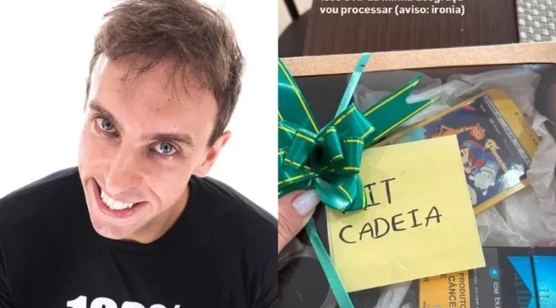 Léo Lins debocha de condenação à prisão após receber presente irônico