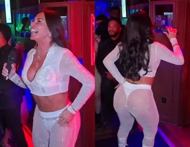 Gretchen deixa calcinha à mostra em look transparente durante show na Europa