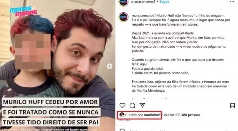 Murilo Huff curte post em que é defendido após pedir guarda do filho: “Sempre foi dele”