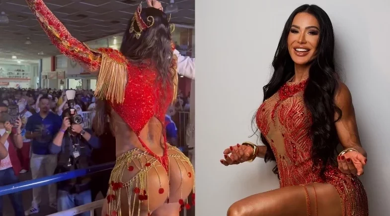 Gracyanne deixa tatuagem com nome do Belo à mostra ao sambar na União da Ilha