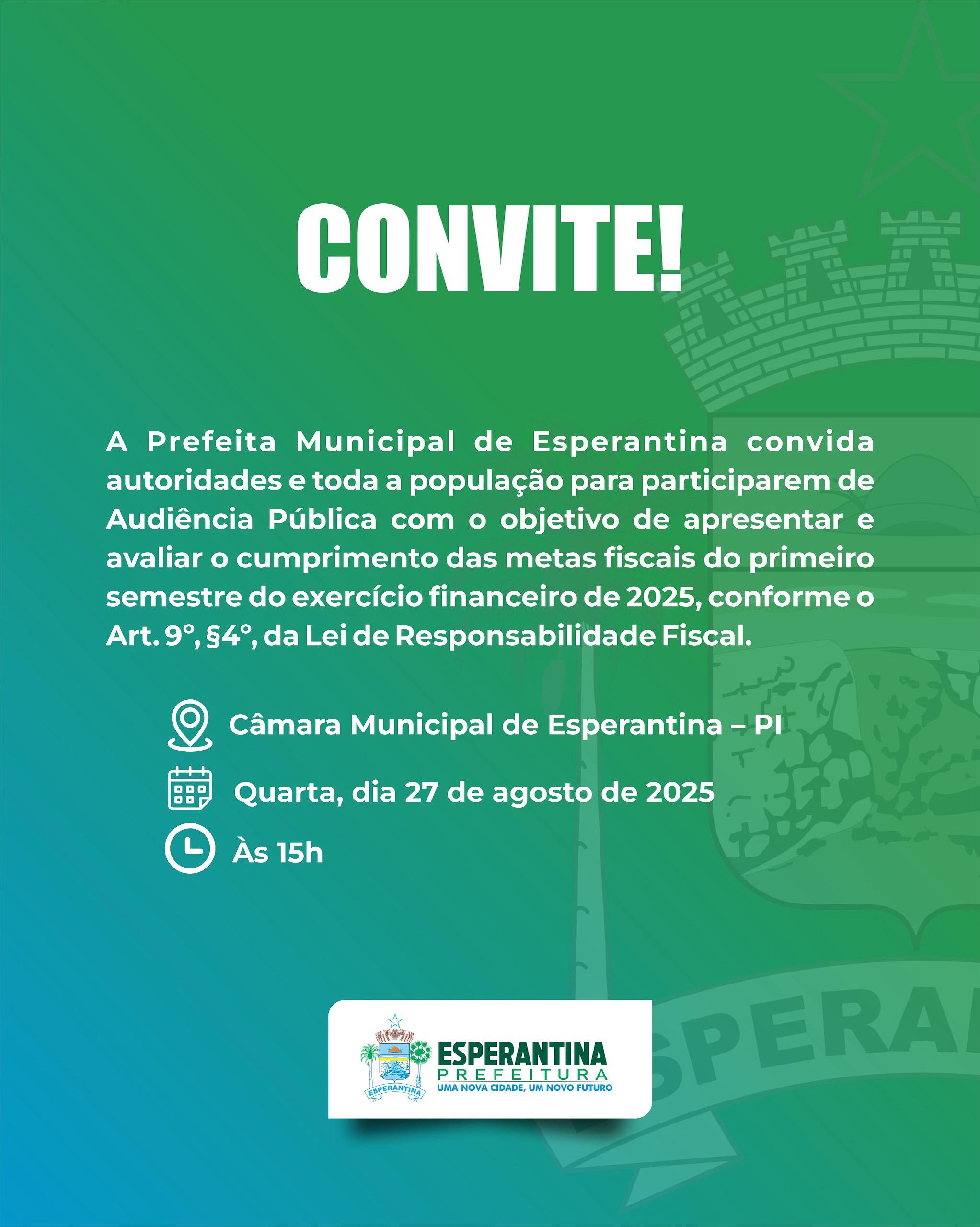 Prefeitura de Esperantina realizará Audiência Pública para apresentação das metas fiscais do 1º semestre de 2025 - Imagem 1