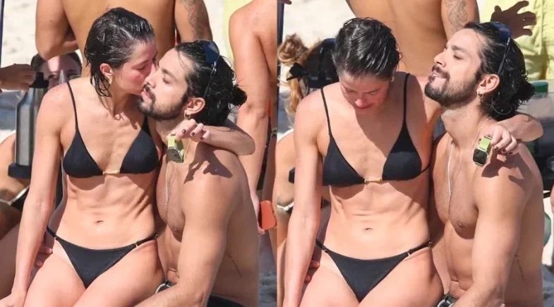 Agatha Moreira e Rodrigo Simas trocam carícias em dia de praia no Rio