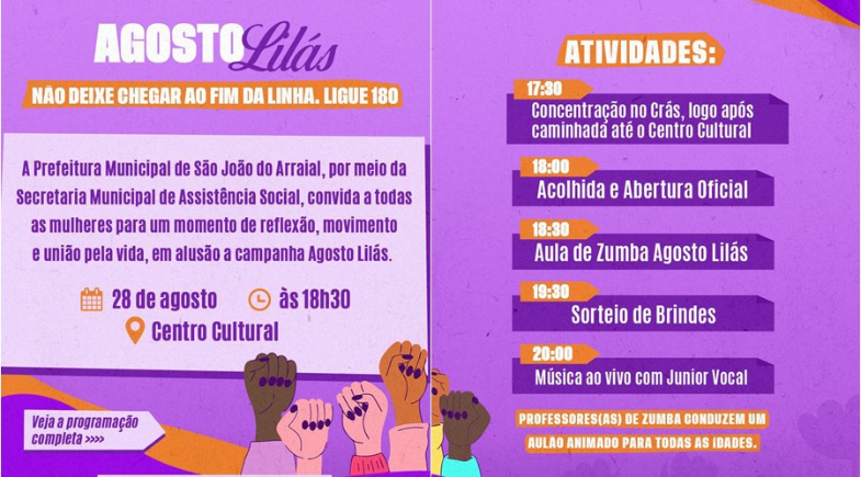 Agosto Lilás: Prefeitura de São João do Arraial promove evento de conscientização