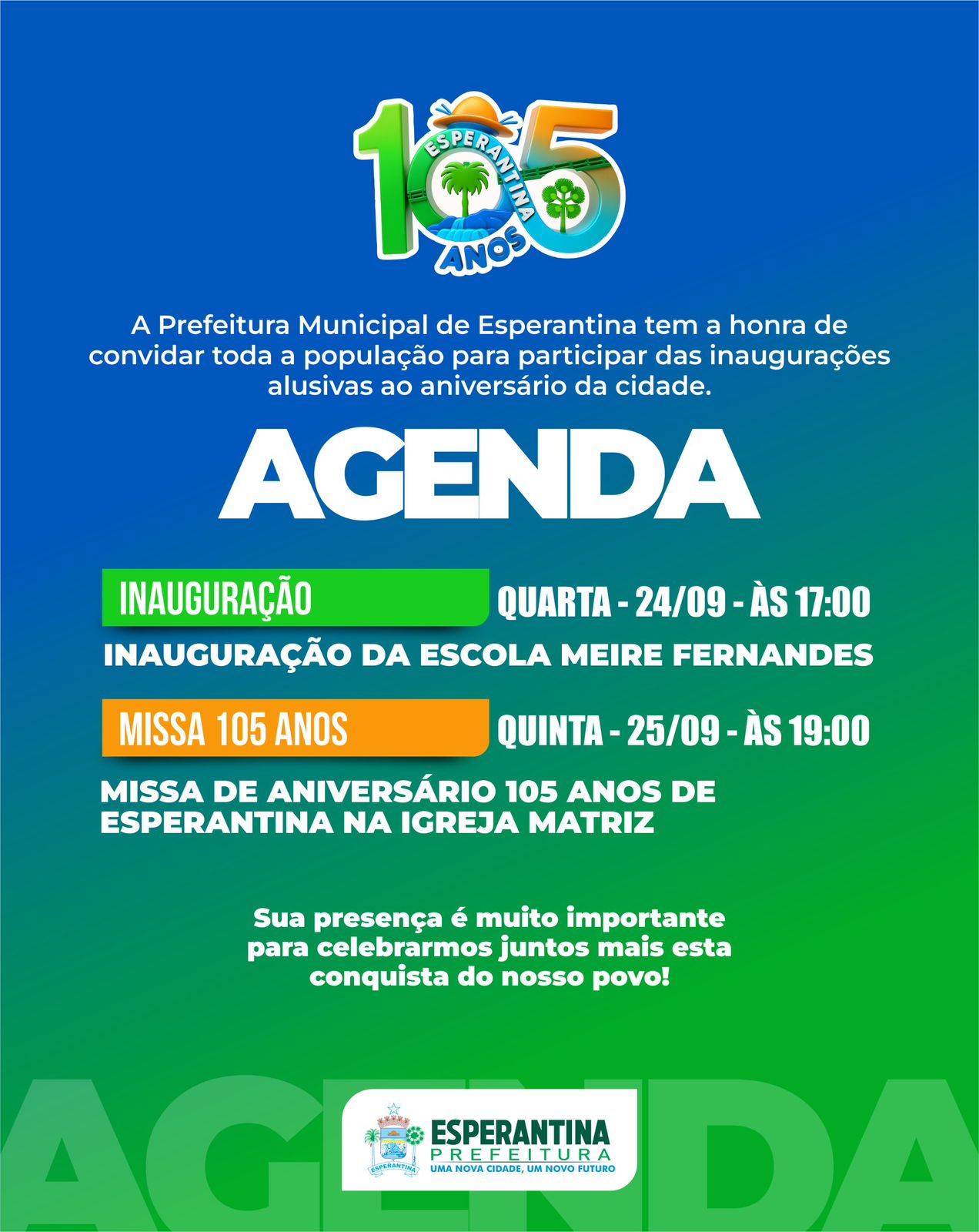 Confira a programação da Prefeitura de Esperantina para este final de semana alusivo aos 105 anos da cidade - Imagem 1