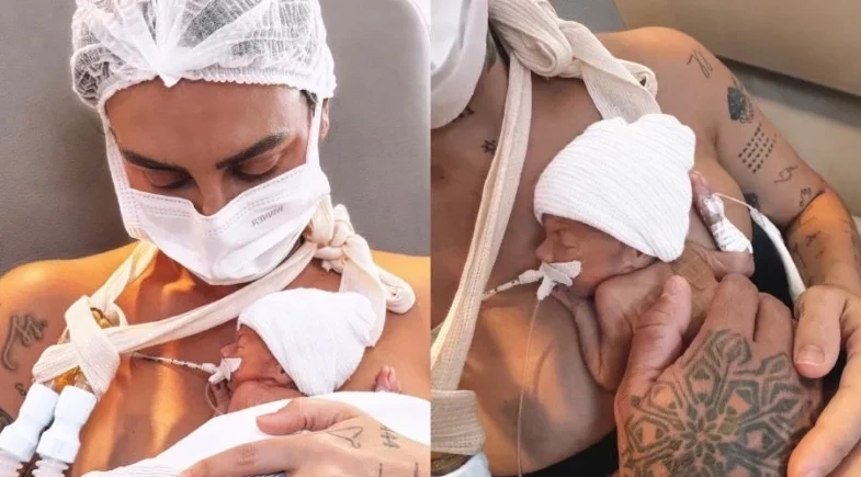 Clara Maia segura o filho Theo pela primeira vez após parto de emergência