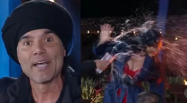 A Fazenda 17: Fernando joga água na cara de Tamires durante dinâmica do Ferra Peão