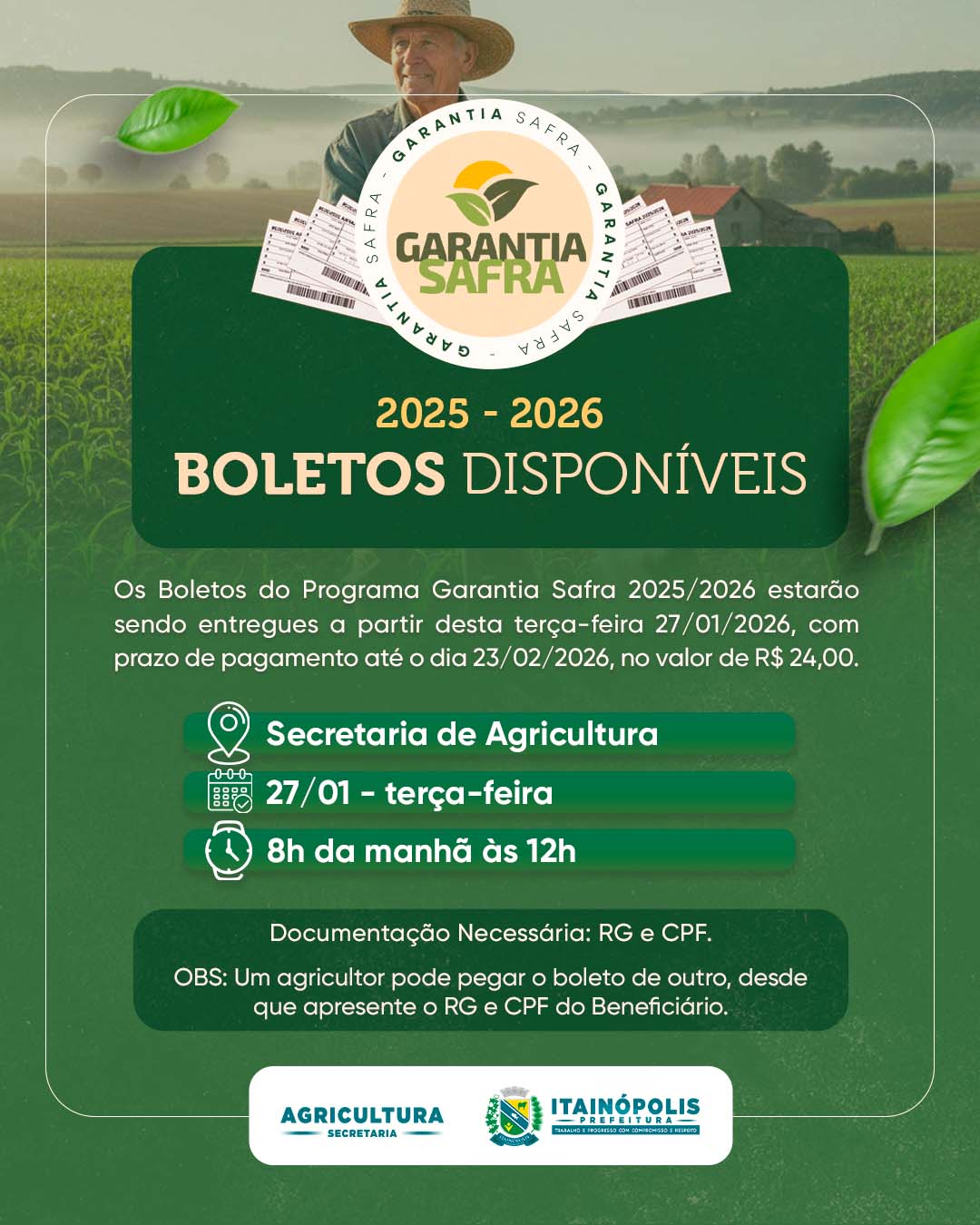 Secretaria de Agricultura de Itainópolis dará início nessa terça-feira (27) a entrega de Boletos do Garantia Safra 2025/2026 - Imagem 1