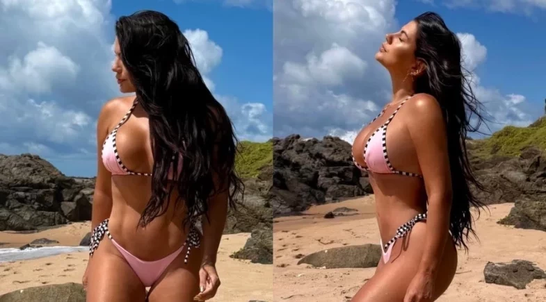 Ex-BBB Fernanda Bande exibe corpão e abdômen trincado em praia de Salvador