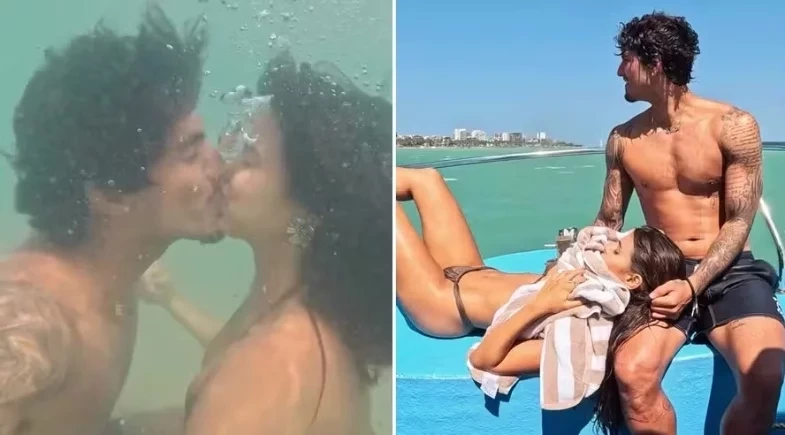 Gabriel Medina e Isabella Arantes dão beijão durante mergulho em Alagoas