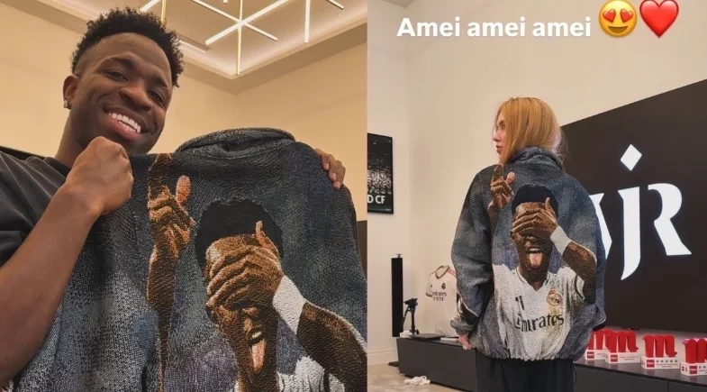 Virginia Fonseca ganha jaqueta com rosto de Vini Jr. e se derrete: “Perfeição”