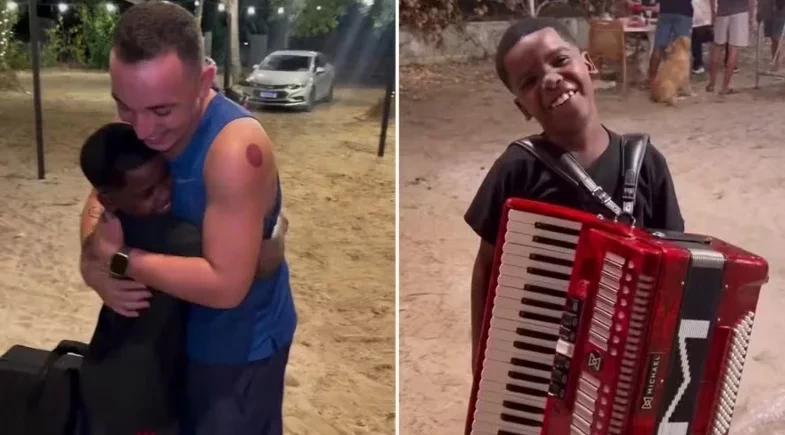 João Gomes presenteia cantor mirim com sanfona e revela desejo de criar escola de música
