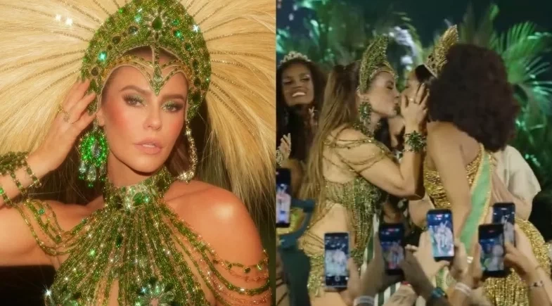 Paolla Oliveira beija Iza ao ser coroada rainha de bateria da Imperatriz