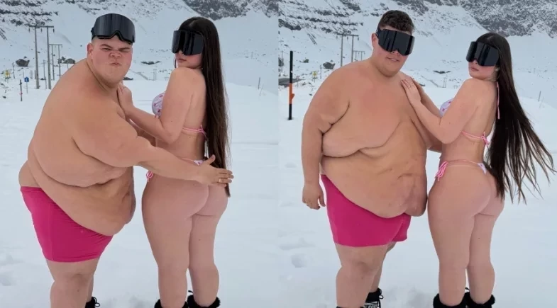Gordão da XJ posa com namorada de biquíni na neve: “Até a neve vira calor”