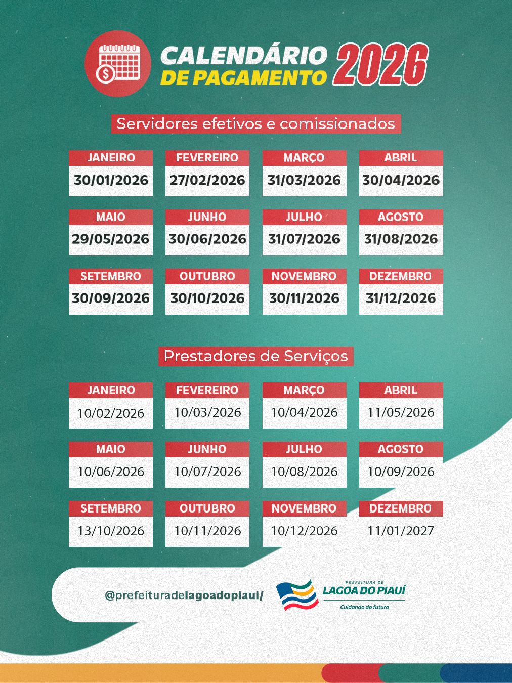 Prefeitura Municipal de Lagoa do Piauí divulga o Calendário Oficial de Pagamento 2026 - Imagem 1