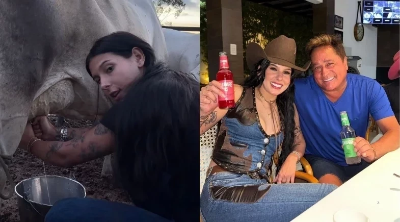 Ana Castela canta música de Leonardo enquanto tira leite da vaca na Fazenda Talismã
