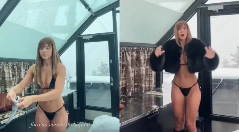 Hariany Almeida surge de biquíni na neve durante viagem à Finlândia