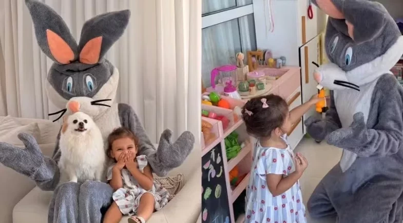 Amanda Kimberlly se veste de coelho da Páscoa e encanta Helena, sua filha com Neymar