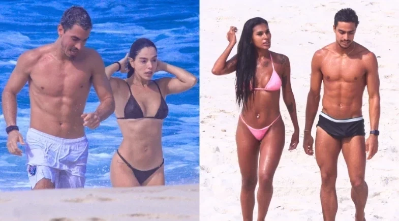 Giovanna Lancellotti e Pocah curtem dia de praia com seus parceiros no Rio