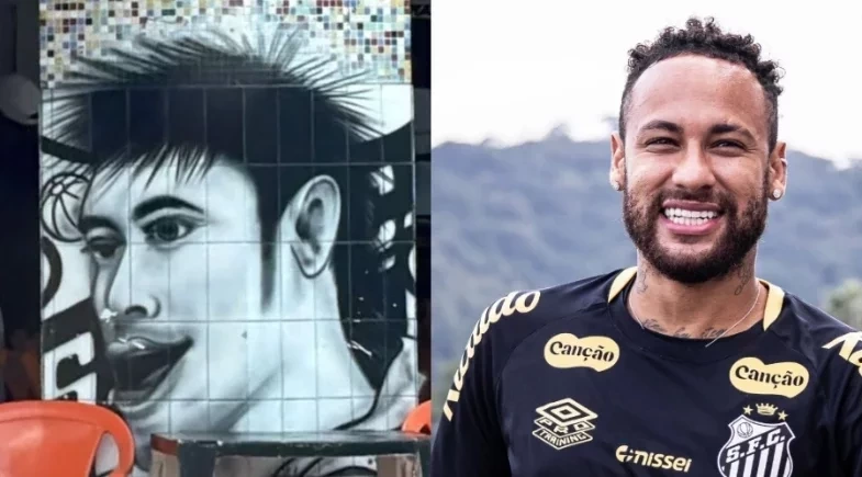 Neymar vê caricatura em bar de Santos e faz piada: “Estou meio diferente”