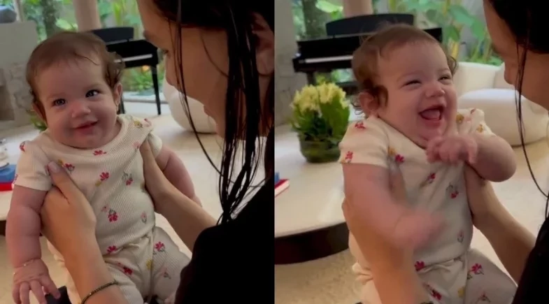 Filha de Rafa Kalimann e Nattan encanta com reação fofa ao ouvir a voz do pai