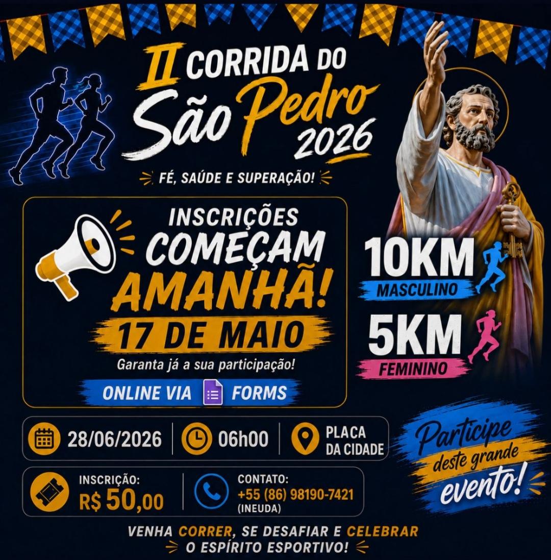 🏅 Estão abertas as inscrições para a II Corrida São Pedro 2026