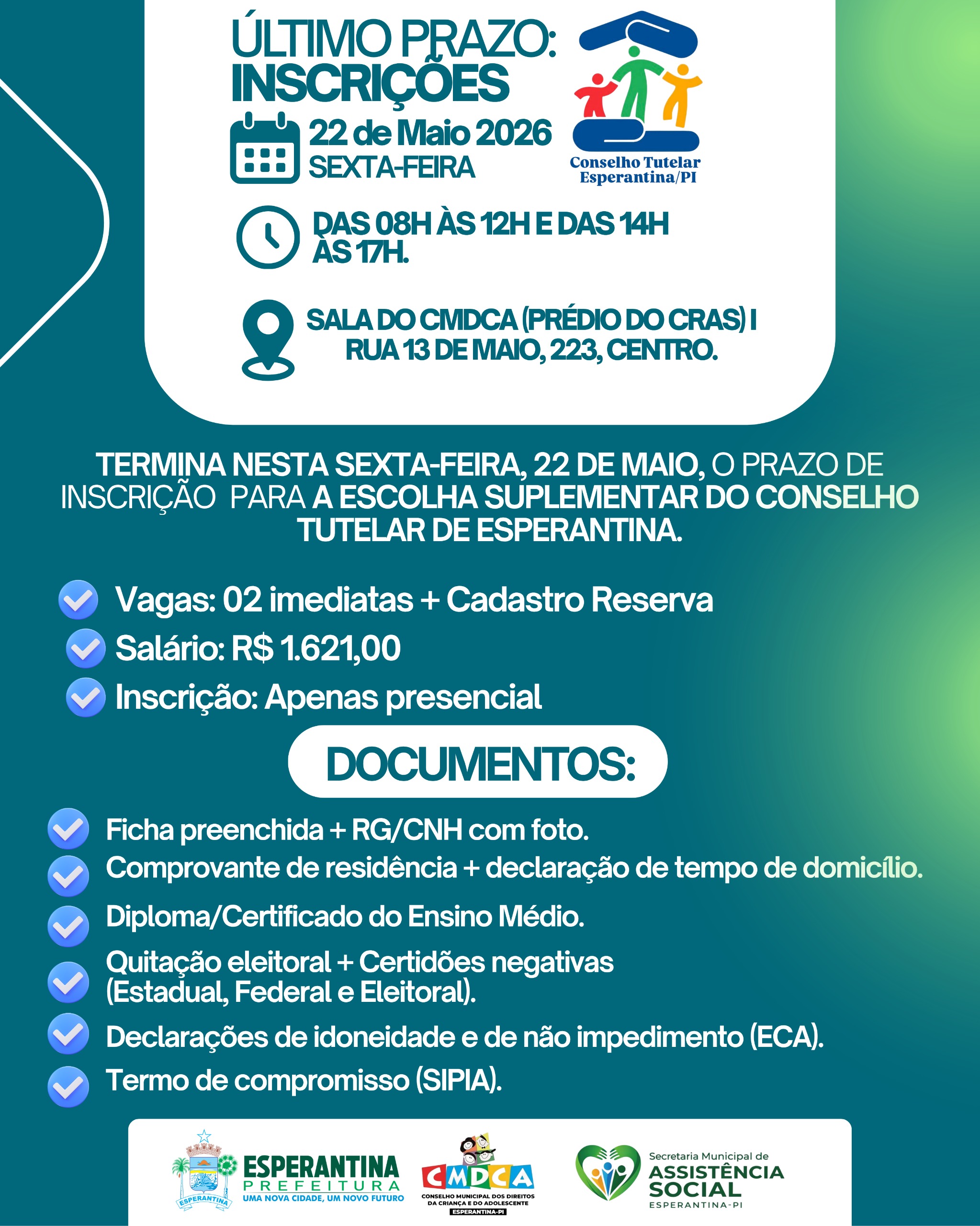 Prefeitura de Esperantina divulga prazo final para inscrições do Conselho Tutelar - Divulgação/ASCOM