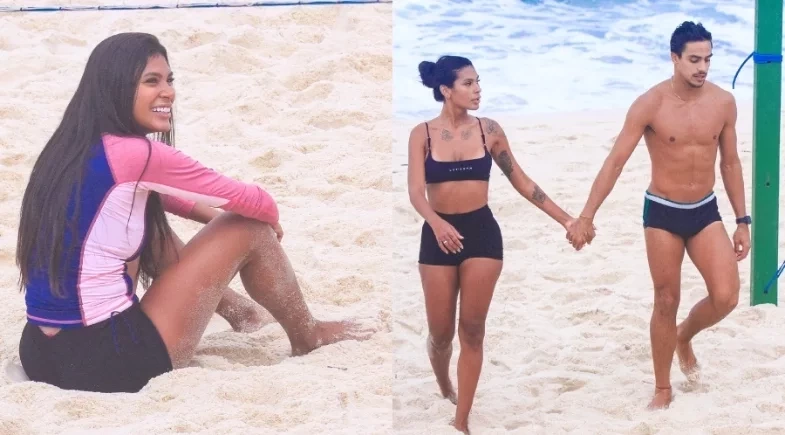 Pocah aproveita praia em clima de romance com o namorado e joga partida de futevôlei