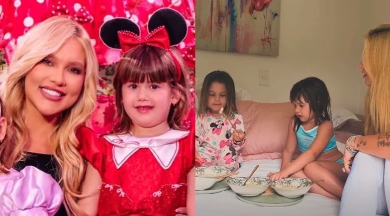 Virginia acorda Maria Alice no aniversário de cinco anos com café da manhã no quarto
