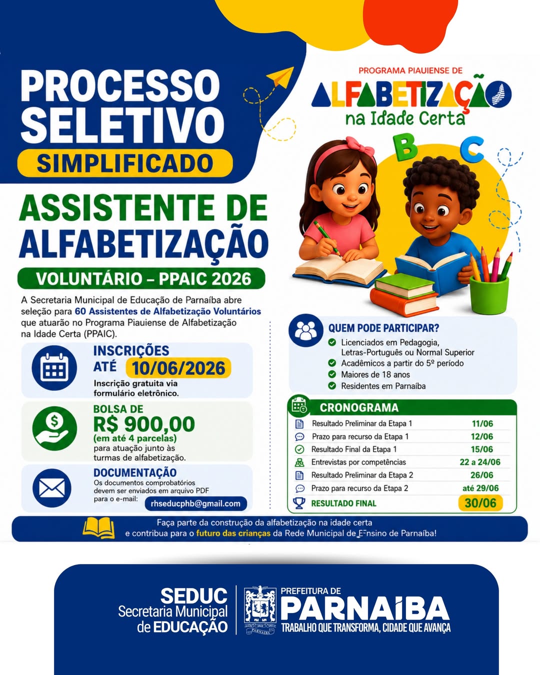 Parnaíba divulga prazo final para seleção de 60 assistentes de alfabetização - Divulgação/ASCOM