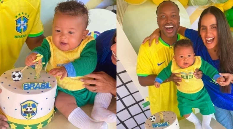 Carol Peixinho e Thiaguinho celebram mêsversário de Bento em clima de Copa