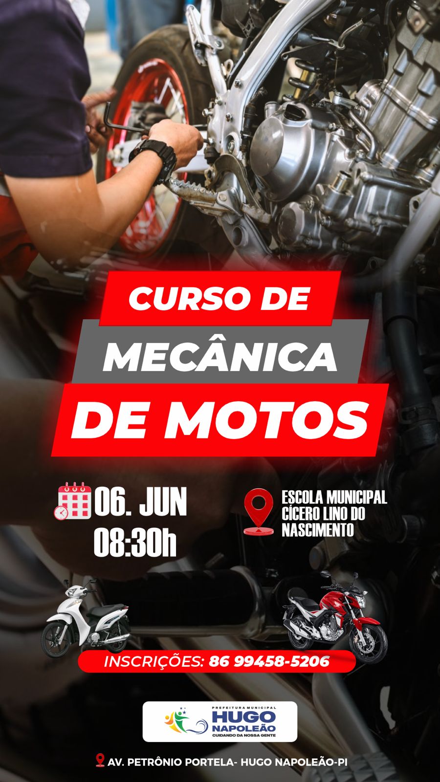 Hugo Napoleão promove curso gratuito de Mecânica de Motocicletas - Divulgação/ASCOM