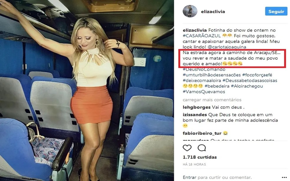 Eliza Clívia publicou uma foto antes do acidente com a legenda: “Na estrada agora a caminho de Aracaju/SE... vou rever e matar a saudade do meu povo querido e amado”. Foto: Instagram