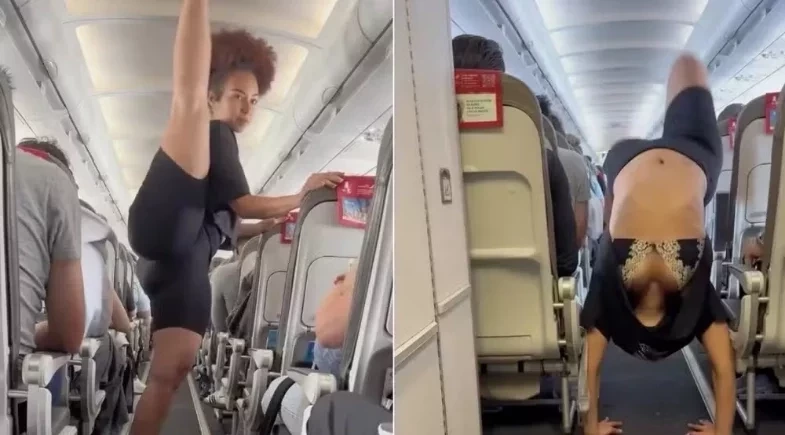 Influenciadora causa polêmica ao fazer ioga no corredor de avião durante voo lotado