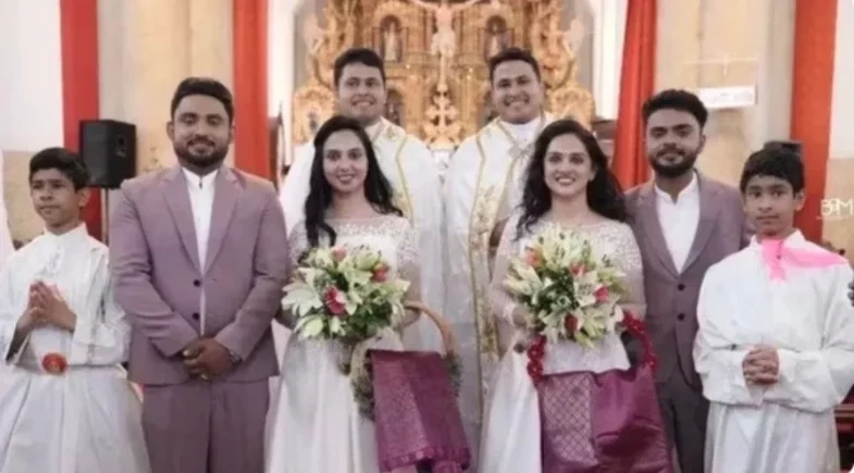 Gêmeos se casam com irmãs gêmeas em cerimônia com padres e coroinhas gêmeos; fotos!