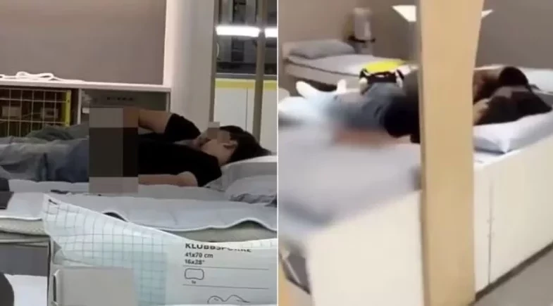 Casal é flagrado em momento íntimo em cama de loja e vídeo viraliza