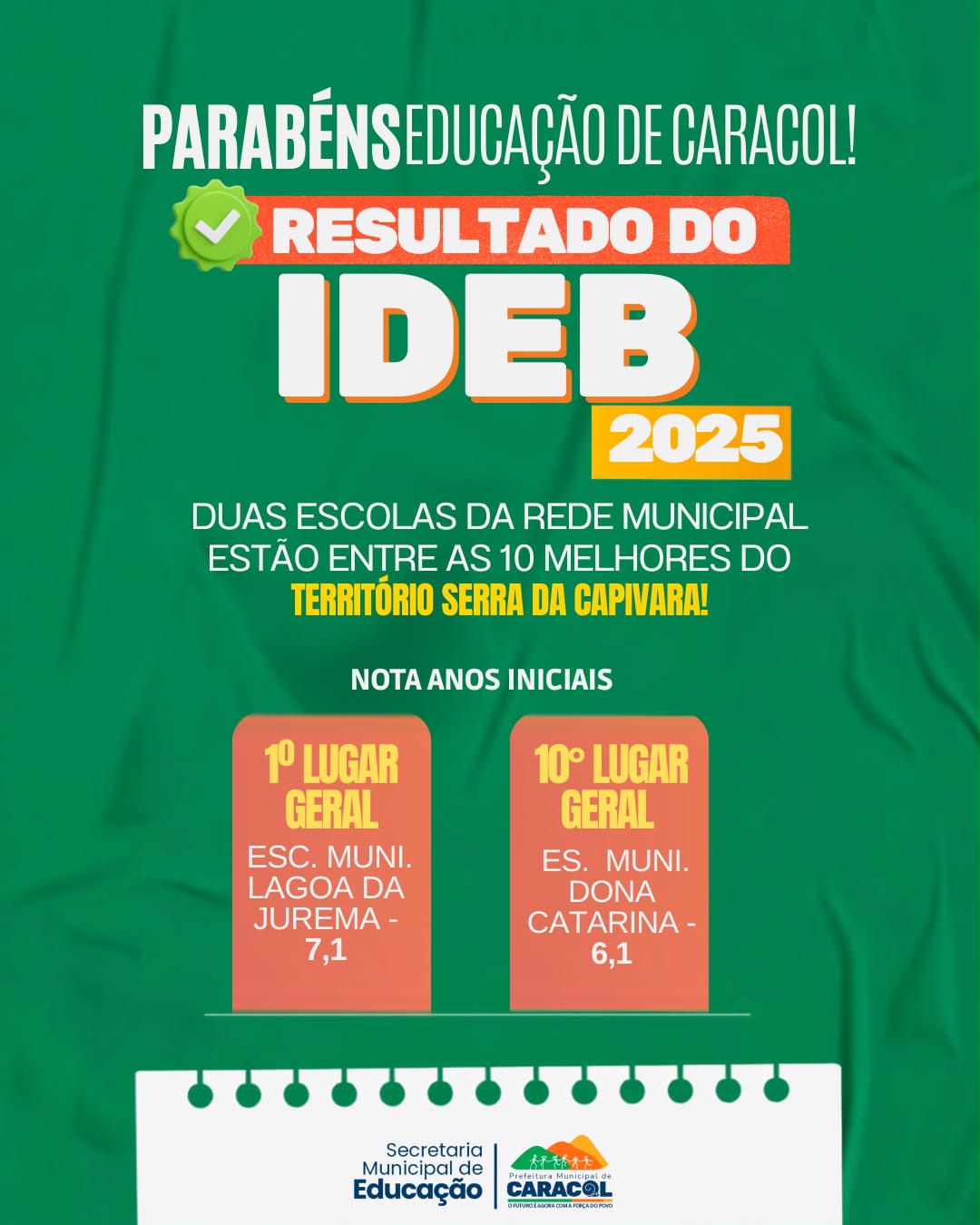 Caracol se destaca no IDEB 2025 com duas escolas entre as melhores - Divulgação/ASCOMCaracol se destaca no IDEB 2025 com duas escolas entre as melhores - Divulgação/ASCOM