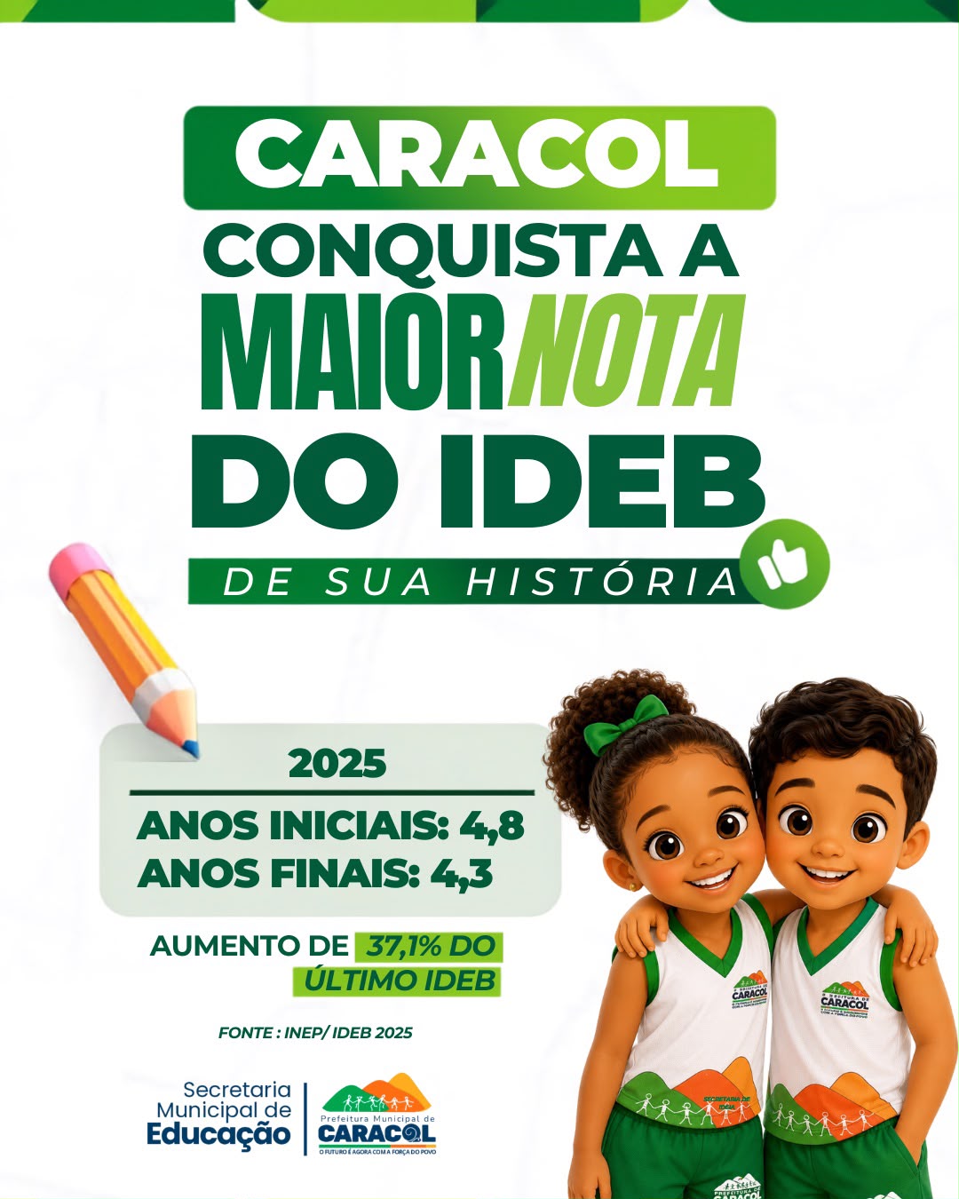 Caracol se destaca no IDEB 2025 com duas escolas entre as melhores - Divulgação/ASCOM