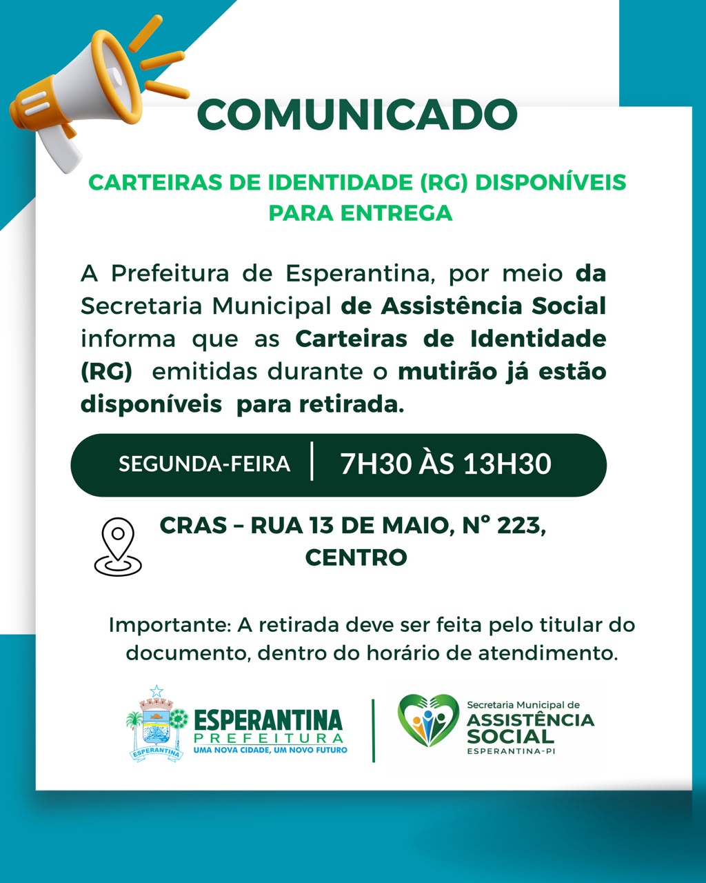 Saiba onde retirar RG emitidos em mutirão em Esperantina 